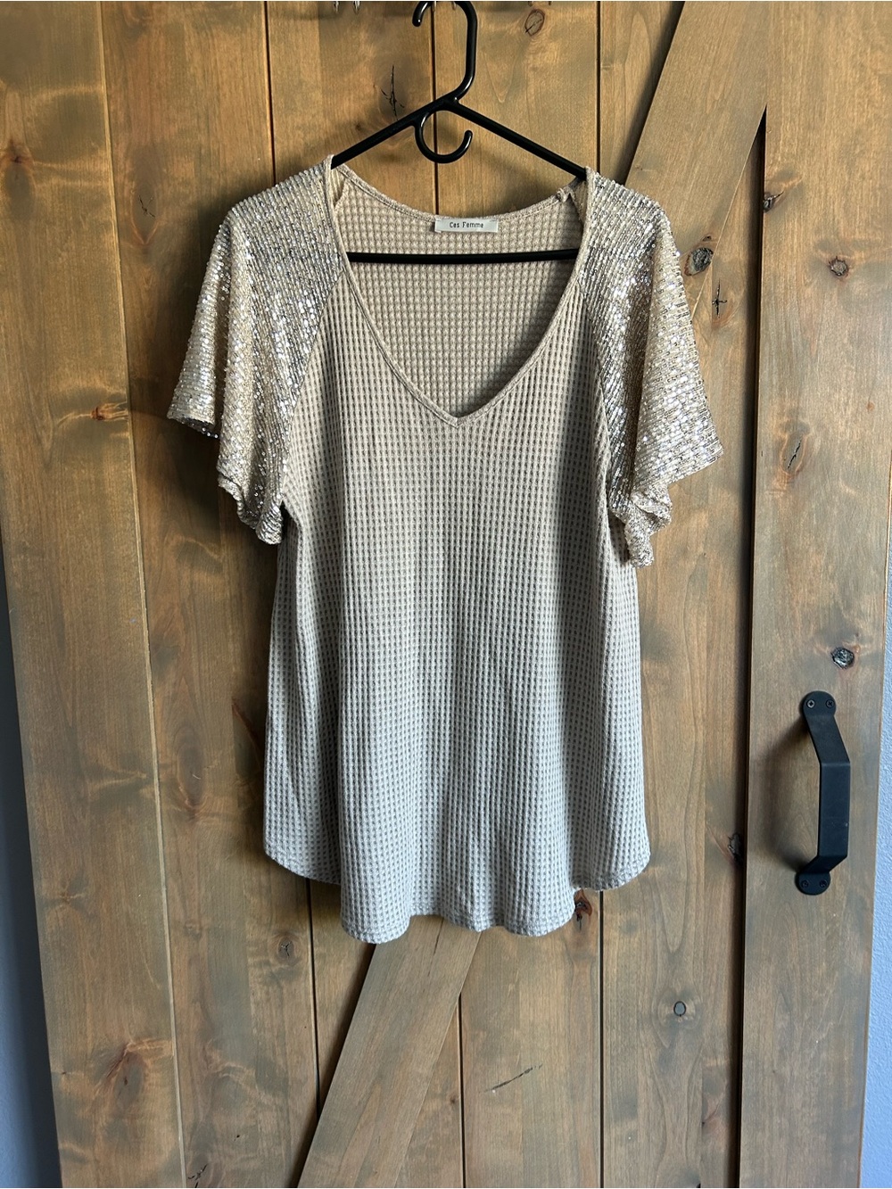 Ces Femme Beige Waffle Knit V-Neck Top with Sequin Short Sleeves